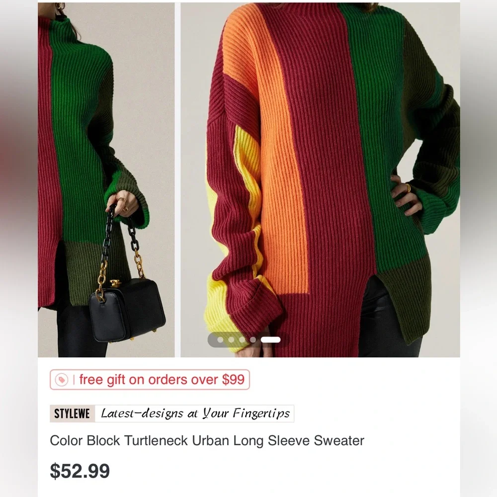 Color Block Turtleneck Urban Long Sleeve Sweater - Picture 7 of 13